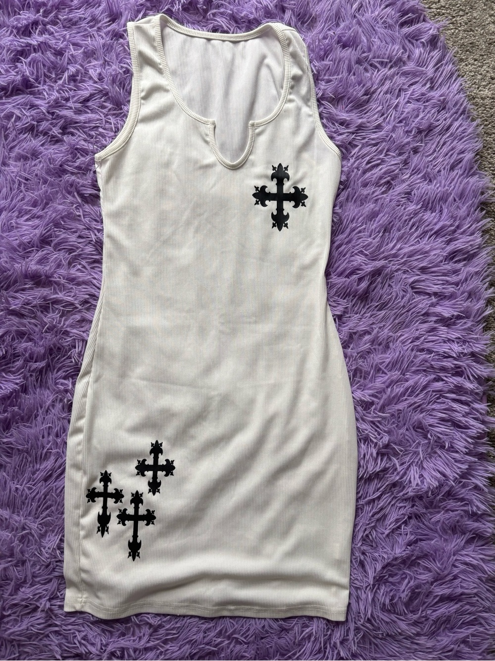 White Ribbed Tank Mini Dress with Black Cross Motif